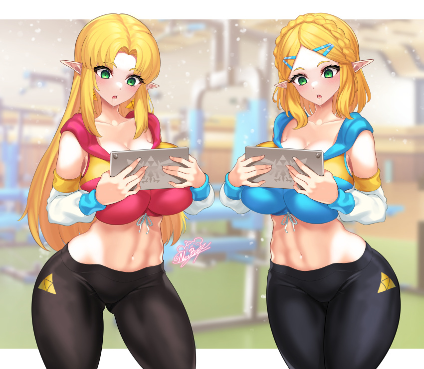 2girls absurdres bare_shoulders black_pants blonde_hair blurry blurry_background blush braid breasts cleavage commission crop_top detached_sleeves earrings green_eyes hair_ornament highres jewelry large_breasts long_hair long_sleeves medium_hair multiple_girls navel nez-box pants parted_bangs parted_lips pointy_ears princess_zelda saliva_drip the_legend_of_zelda the_legend_of_zelda:_a_link_between_worlds the_legend_of_zelda:_breath_of_the_wild thighs triforce triforce_earrings