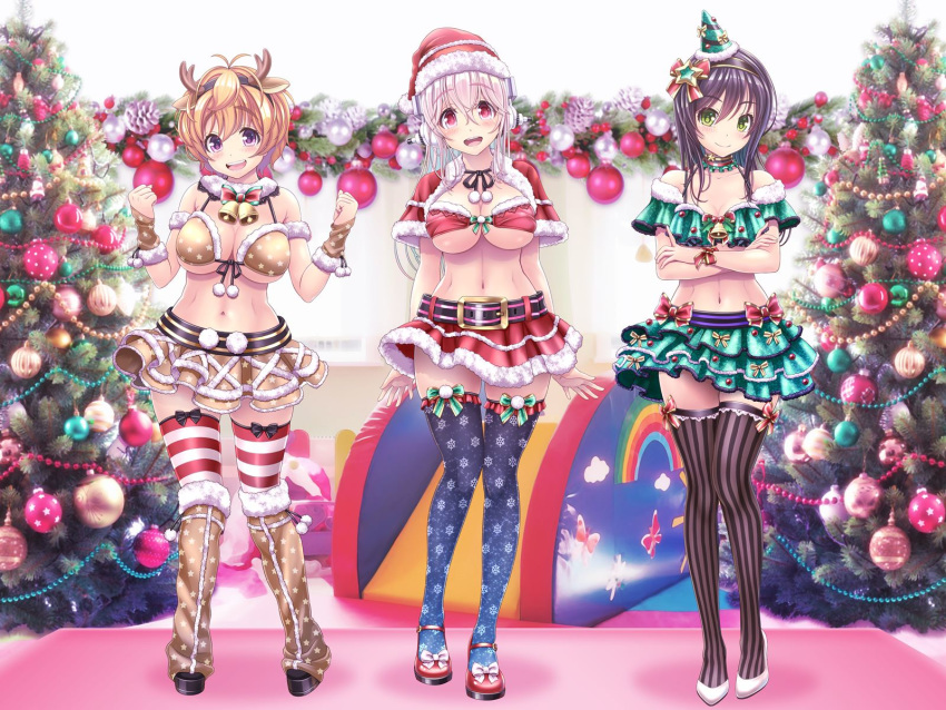 3girls animal_costume antlers bikini black_hair breasts brown_hair capelet christmas christmas_lights christmas_ornaments christmas_tree christmas_tree_costume cleavage fujimi_suzu fur_trim green_eyes guitar hat headphones highres holly horns instrument large_breasts long_hair looking_at_viewer multiple_girls nitroplus pink_eyes pink_hair purple_eyes red_capelet red_eyes reindeer reindeer_antlers reindeer_costume santa_bikini santa_costume santa_hat smile snowflake_print snowflakes striped_clothes striped_thighhighs super_sonico swimsuit thighhighs v-mag vertical-striped_clothes vertical-striped_thighhighs watanuki_fuuri