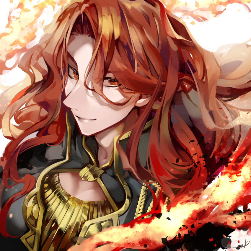 1boy arvis_(fire_emblem) fire fire_emblem fire_emblem:_genealogy_of_the_holy_war gold_trim highres kandori_makoto long_hair looking_at_viewer male_focus red_eyes red_hair solo