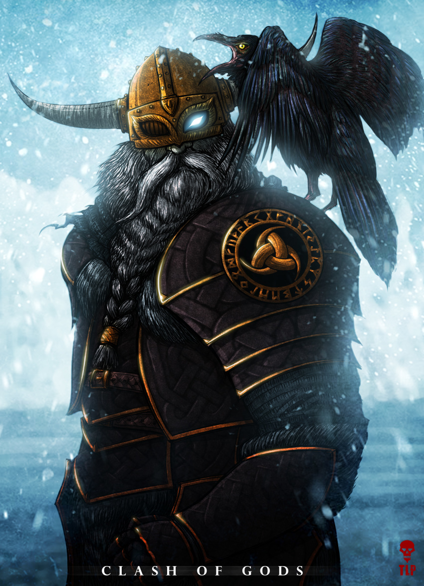 absurd_res armor avian beard bird black_body black_feathers blank_eye blue_eyes corvid corvus_(genus) deity duo english_text facial_hair feathers feral glowing glowing_eyes gold_(metal) gold_armor hi_res horn human looking_at_viewer mammal odin_(mythology) oscine passerine raven text the-last-phantom undead viking