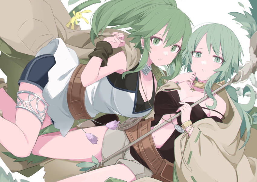 2girls bare_shoulders belt breasts caam_serenity_of_gusto cleavage collar collarbone commentary duel_monster feet_out_of_frame green_eyes green_hair hands_up highres jewelry large_breasts long_hair long_sleeves metal_collar midriff multiple_girls navel necklace ponytail robe sakuragi_raia shorts symbol-only_commentary thighlet wide_sleeves winda_(yu-gi-oh!) winda_priestess_of_gusto yu-gi-oh!