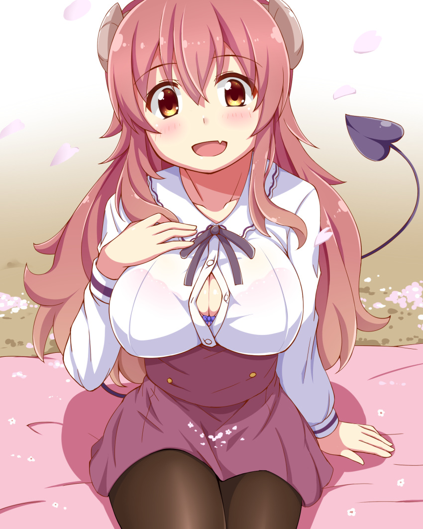 :d ahoge blue_bow blush bow bow_bra bra breasts brown_pantyhose cleavage commentary_request demon_girl demon_horns demon_tail dou-t female hair_between_eyes high-waist_skirt highres horns large_breasts long_hair long_sleeves machikado_mazoku oerba_yun_fang open_mouth outdoors pantyhose petals red_bra red_eyes red_hair red_skirt see-through shirt sitting skirt smile solo tail underwear white_shirt yoshida_yuuko_(machikado_mazoku)