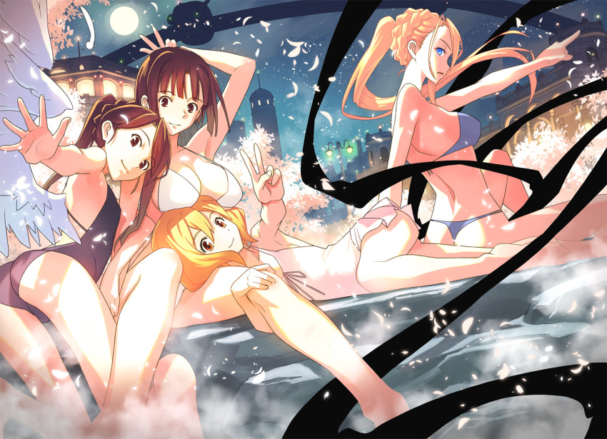 4girls akamatsu_ken alternate_hairstyle angel_wings arm_behind_head ass bikini black_hair black_one-piece_swimsuit blonde_hair blue_bikini blue_eyes braid breasts brown_eyes cleavage cover_image crown_braid evangeline_a.k._mcdowell evangeline_a.k._mcdowell_(adult) feathered_wings feathers flat_chest full_moon large_breasts long_hair medium_breasts moon multiple_girls night official_art one-piece_swimsuit onsen outstretched_hand petals ponytail red_eyes sakurame_kirie same-sex_bathing shared_bathing short_hair sky spaghetti_strap star_(sky) starry_sky strap_gap strapless strapless_bikini swimsuit tokisaka_kuroumaru uq_holder! v white_bikini white_one-piece_swimsuit white_wings wings yuuki_karin