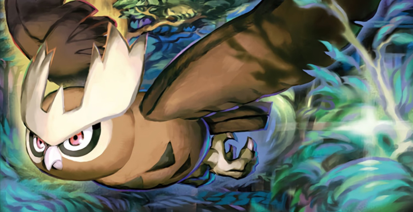 bird bird_focus claws creature day flying full_body gen_2_pokemon kawaguchi_youhei no_humans noctowl official_art outdoors pink_eyes pokemon pokemon_(creature) pokemon_trading_card_game solo third-party_source tree