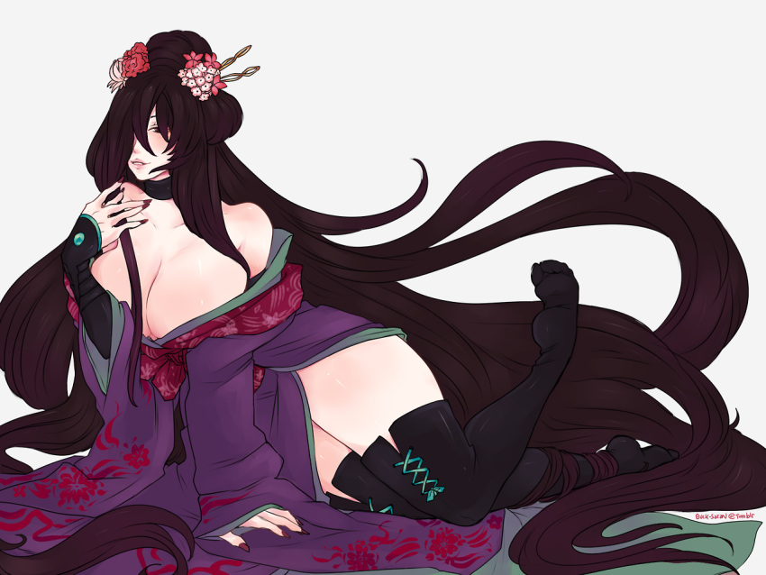 absurdly_long_hair archived_source bare_shoulders black_eyes black_hair blush breasts choker cleavage cross-laced_clothes cross-laced_legwear feet_up female floral_print flower gyarusatan hair_flower hair_ornament hair_over_one_eye hairpin japanese_clothes kejourou_(monster_girl_encyclopedia) kimono large_breasts long_hair looking_at_viewer lying monster_girl_encyclopedia nail_polish off_shoulder on_side plantar_flexion red_eyes seductive_smile simple_background sleeves_past_wrists smile solo thighhighs third-party_source very_long_hair