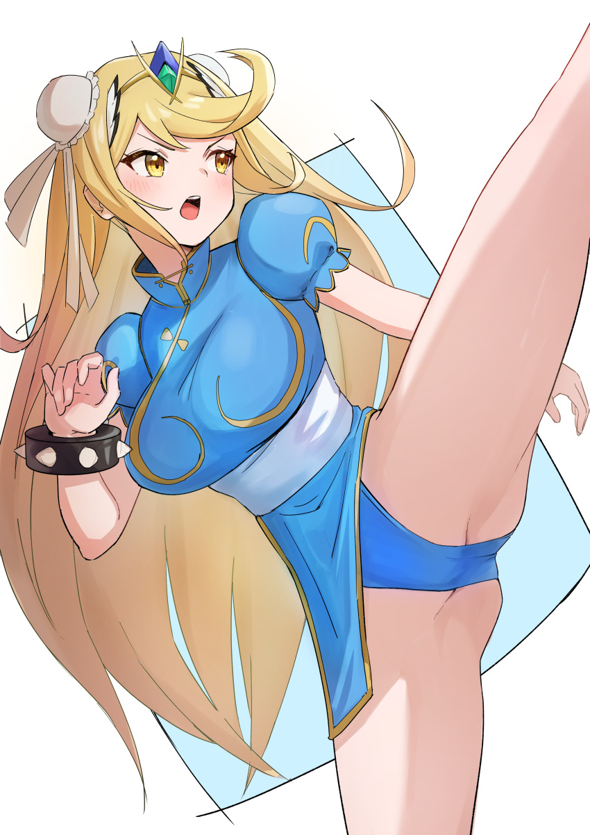 absurdres bare_legs blonde_hair blue_dress blue_leotard blue_panties bracelet breasts bun_cover china_dress chinese_clothes chun-li chun-li_(cosplay) cleavage_cutout clothing_cutout commentary cosplay dress female fighting_stance highres jewelry large_breasts leg_lift leg_up leotard long_hair mythra_(xenoblade) no_gloves oruru63100814 panties puffy_short_sleeves puffy_sleeves sash short_sleeves solo spiked_bracelet spikes street_fighter swept_bangs tiara underwear v-shaped_eyebrows very_long_hair white_sash xenoblade_chronicles_(series) xenoblade_chronicles_2 yellow_eyes