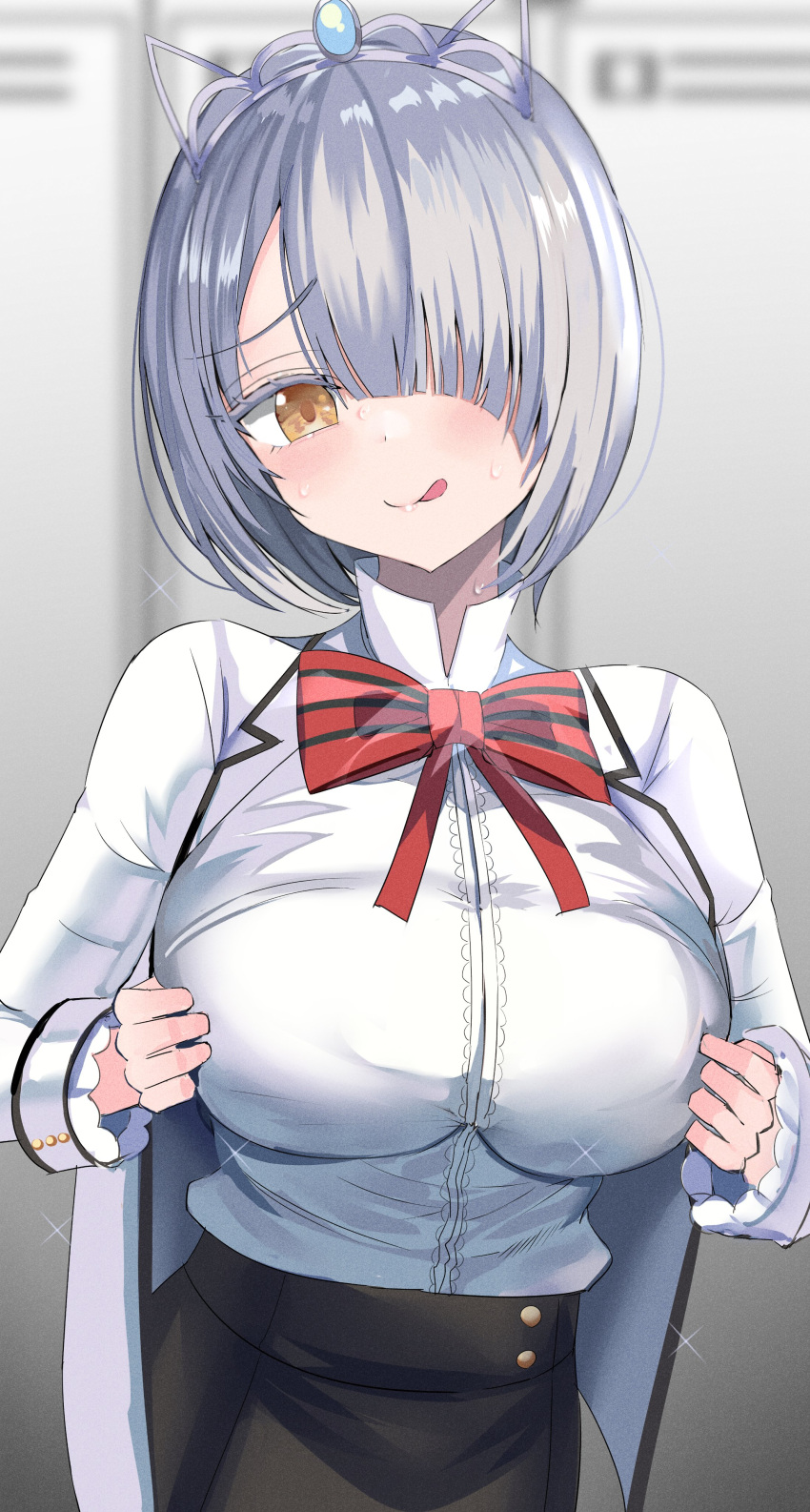 absurdres bad_id bad_twitter_id bow bowtie breasts cardigan chartreux_westia commentary dahlia_academy_boarding_school_uniform female grey_hair hair_over_one_eye hanasaka_houcha highres kishuku_gakkou_no_juliet large_breasts licking_lips school_uniform short_hair skirt solo striped_bow striped_bowtie striped_clothes sweat symbol-only_commentary tiara tongue tongue_out yellow_eyes