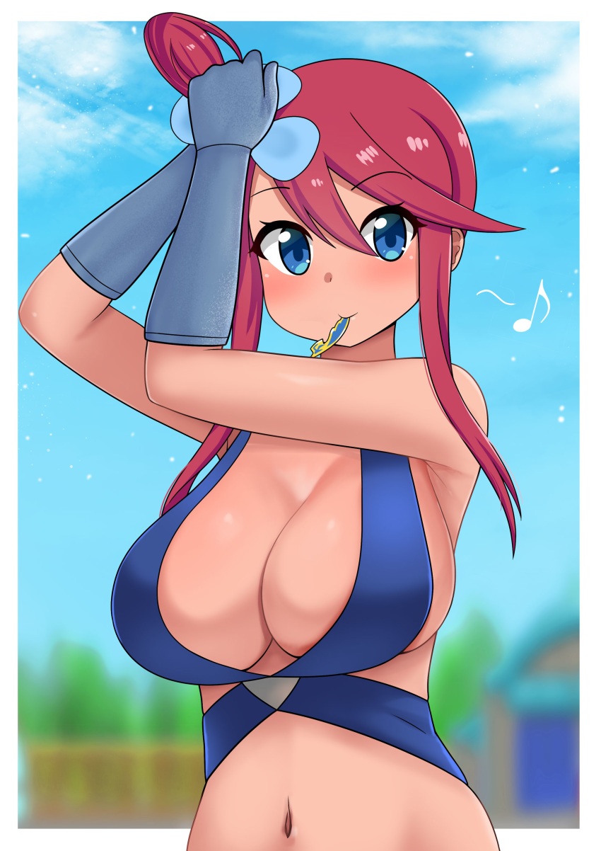 absurdres adjusting_hair badge bikini blue_bikini blue_eyes blush breasts cleavage commentary female gloves gym_leader_badge hair_ornament highres jet_badge large_breasts looking_at_viewer mouth_hold musical_note navel pokemon pokemon_bw red_hair skyla_(pokemon) smile solo swept_bangs swimsuit the_only_shoe tying_hair