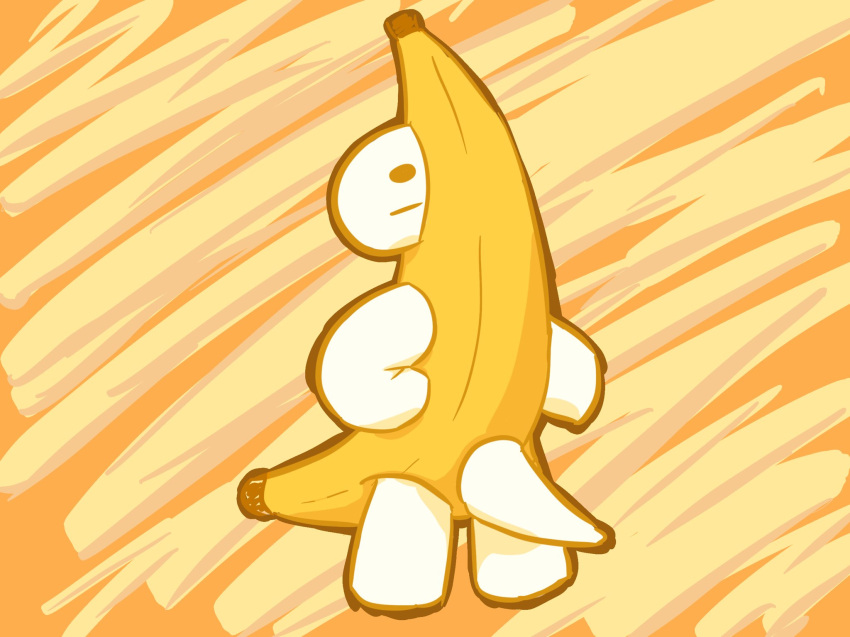 ambiguous_gender anthro banana banana_costume blank_expression clothing costume dinosaur dyno_(dynogreeno) dynogreeno extinct food fruit hi_res orange_background plant pose prehistoric_species reptile scalie simple_background solo white_body yellow_costume