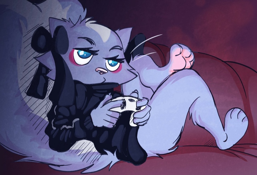 2023 4_toes 5_fingers accessory aggretsuko anthro barefoot big_tail black_clothing black_hoodie black_jacket black_topwear blue_eyes bored bottomless bow_accessory bow_ribbon clothed clothing controller countershade_feet countershading eyelashes feet female fingers fluffy fluffy_tail fur furniture game_controller gaming hair_accessory hair_ribbon hairbow half-closed_eyes hindpaw holding_controller holding_game_controller holding_object hoodie humanoid_hands jacket lounging lying lying_on_sofa mammal mephitid narrowed_eyes on_back on_sofa paws pink_nose pink_soles plantigrade playing_video_game purple_body purple_fur ribbons sanrio scottyartz shikabane_(aggretsuko) sitting sitting_on_sofa skunk sofa soles solo tail toes topwear whiskers white_whiskers