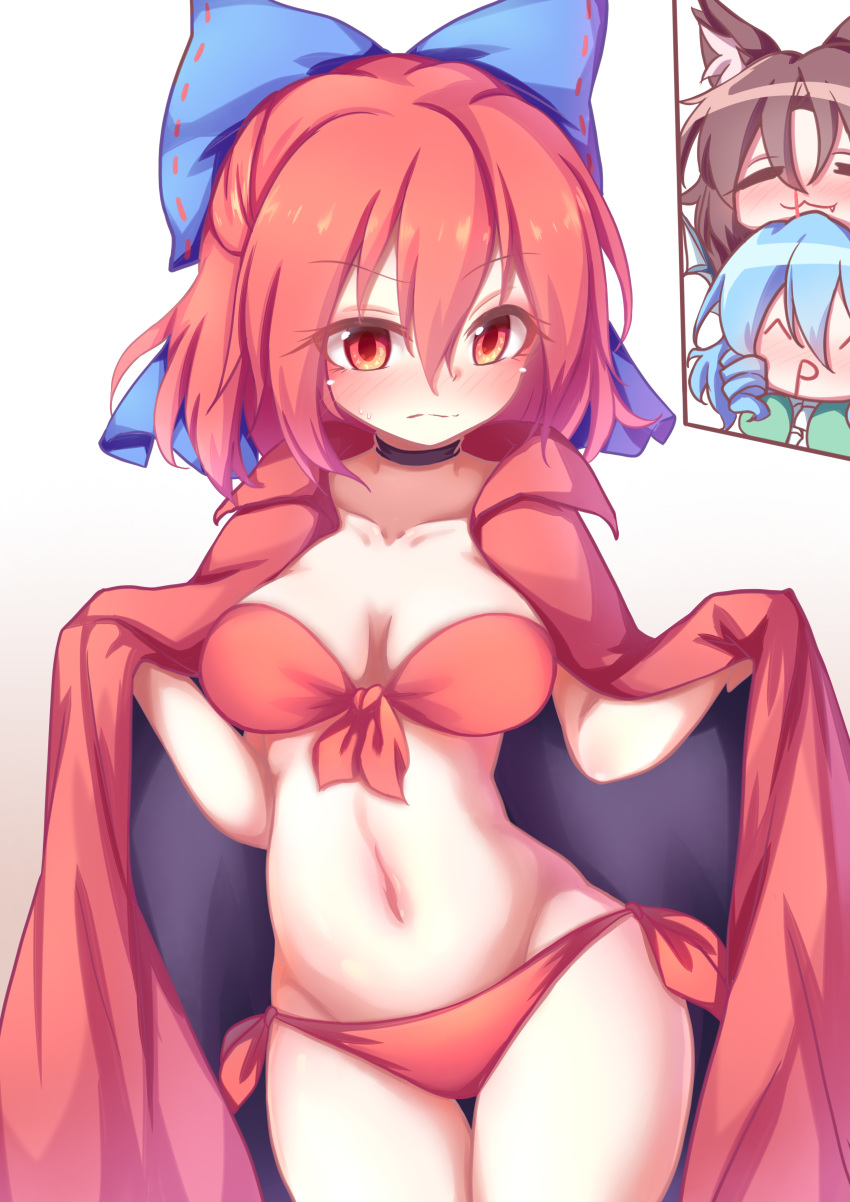 3girls :3 absurdres animal_ears bad_id bad_pixiv_id bikini black_choker blood blue_hair blush bow breasts brown_background brown_hair choker cloak closed_mouth collarbone commentary dior-zi gradient_background hair_between_eyes hairbow highres imaizumi_kagerou large_breasts multiple_girls navel nosebleed oerba_yun_fang red_bikini red_bow red_cloak red_eyes red_hair sekibanki short_hair side-tie_bikini_bottom swimsuit thigh_gap touhou wakasagihime white_background wolf_ears