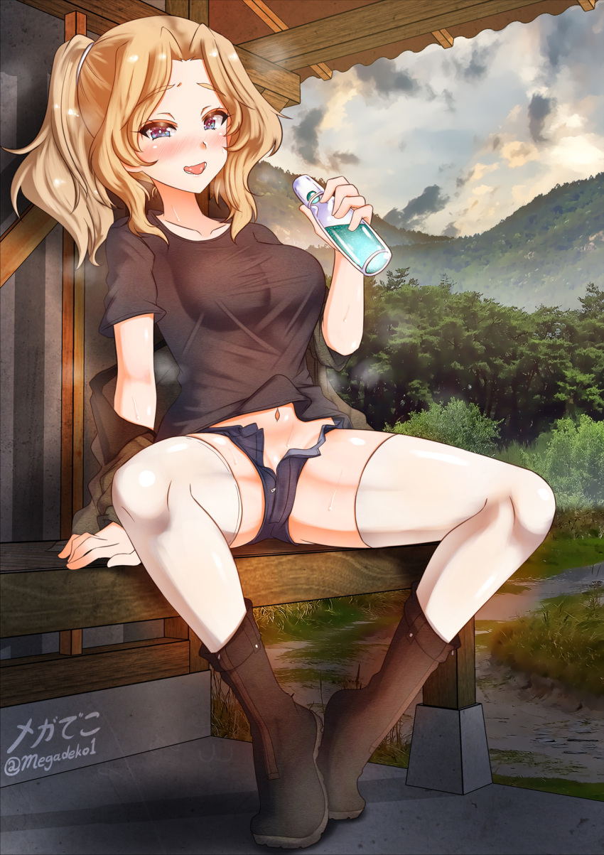 aquaegg arm_support artist_name blonde_hair blue_eyes blush boots breasts brown_footwear cloud concrete corrugated_galvanised_iron_sheet denim denim_shorts female forest girls_und_panzer green_eyes grey_sky highres hot kay_(girls_und_panzer) looking_at_viewer medium_breasts midriff mountain nature navel ponytail shorts solo steam sweat thighhighs thighs tight tongue tongue_out twitter_username unbuttoned_shorts unzipped white_legwear