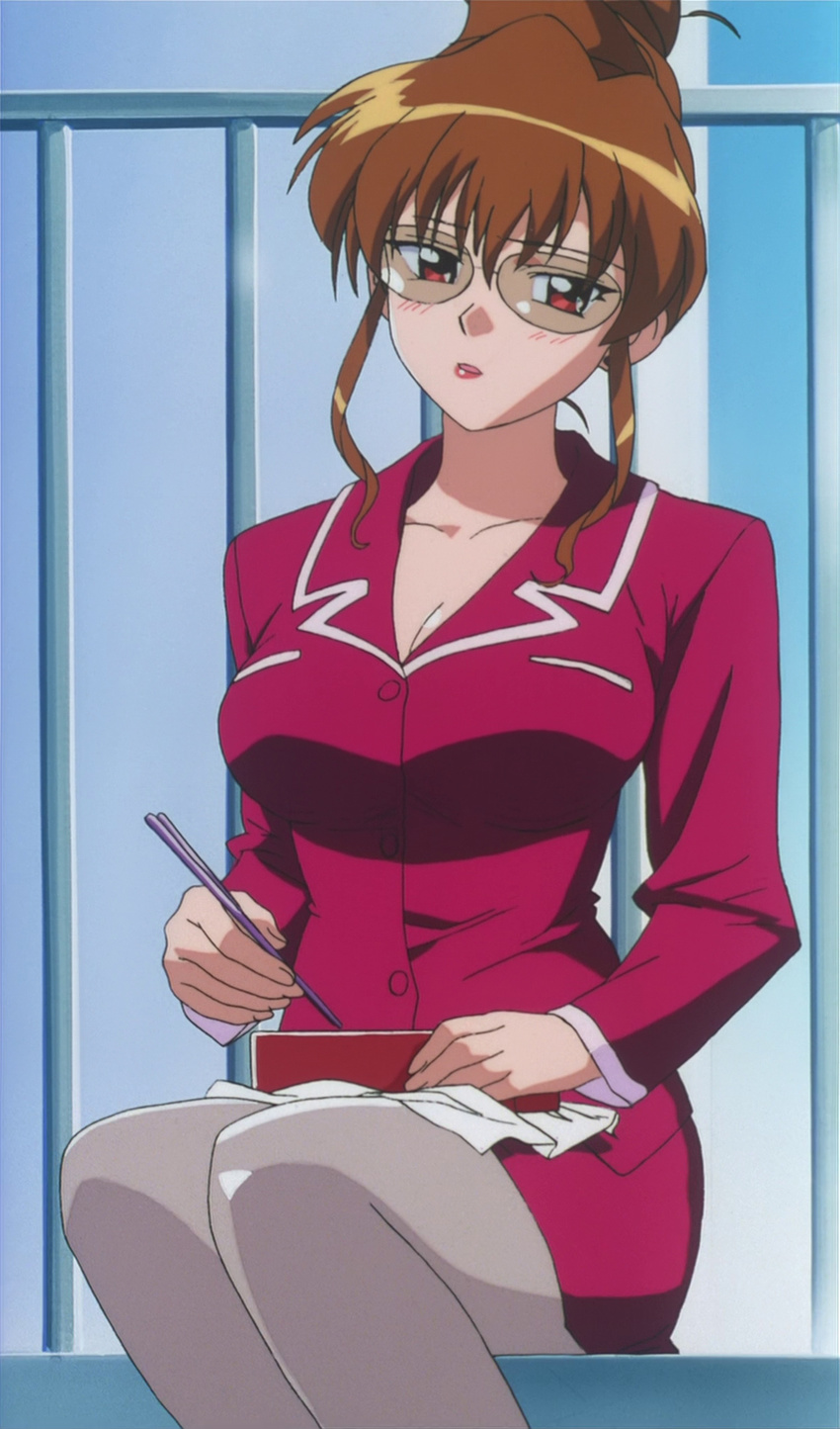 blush breasts brown_hair female female glasses mahoromatic screencap shikijou_saori solo stitched