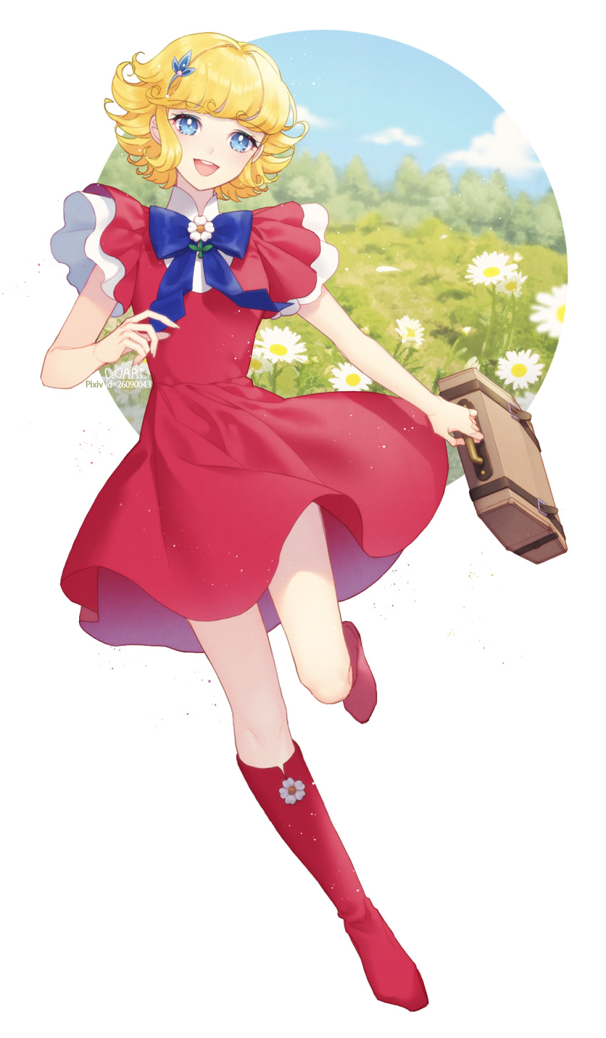 :d blonde_hair blue_bow blue_eyes boots bow collar colored_eyelashes commentary dress female flower_brooch full_body hair_ornament hairpin hana_no_ko_lunlun highres knee_boots lunlun open_mouth red_dress red_footwear ribbonari short_dress short_hair short_sleeves smile solo suitcase