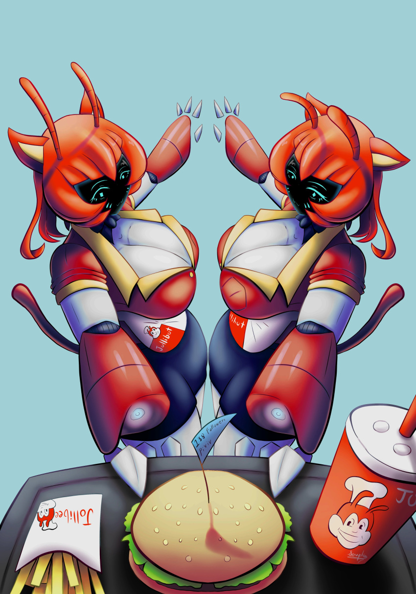 2022 4_fingers :3 absurd_res android animal_humanoid antennae_(anatomy) arthropod arthropod_humanoid bangs bee bee_humanoid bellabot beverage blue_background blue_eyes blunt_bangs bottomwear breasts burger cat_humanoid cleavage clothed clothing crop_top domestic_cat dress_shirt duo fast_food felid felid_humanoid feline feline_humanoid felis female fingers flag floating_fingers food food_tray foreshortening fries hair hi_res high-angle_view holding_object humanoid hybrid hymenopteran hymenopteran_humanoid insect_humanoid insects joints jollibee jollibot kahoyisda looking_at_viewer machine mammal mammal_humanoid milestone_celebration multicolored_body necktie portrait pudu_robotics red_body red_clothing red_hair robot screen screen_face shaded shirt short_hair shorts sibling_(lore) side_bangs simple_background soda tail three-quarter_portrait topwear tray twins_(lore) two_tone_body white_body