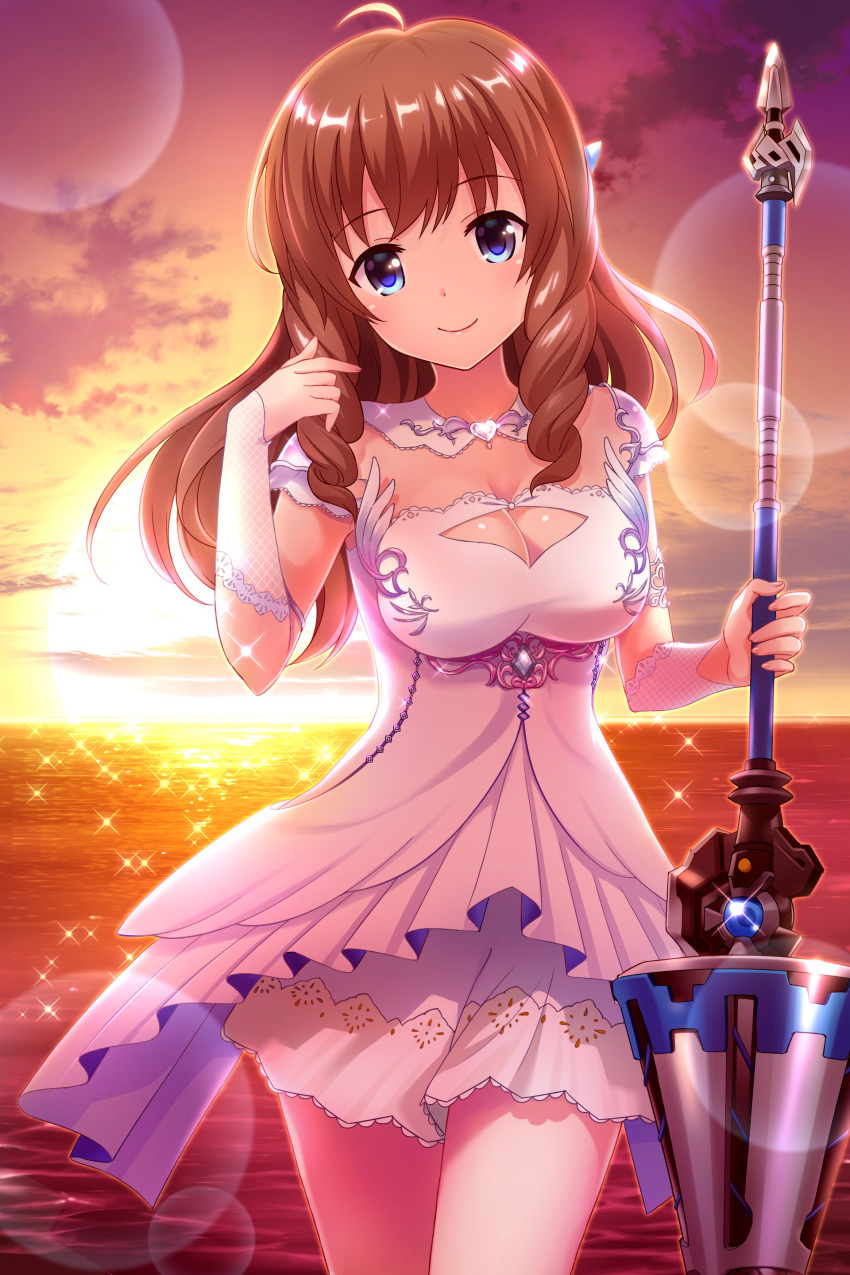 absurdres alternative_girls arimura_shion artist_request blue_eyes breasts brown_hair cleavage cloud dress female hand_in_own_hair highres jewelry lance long_hair ocean official_art polearm sky smile standing sunset weapon