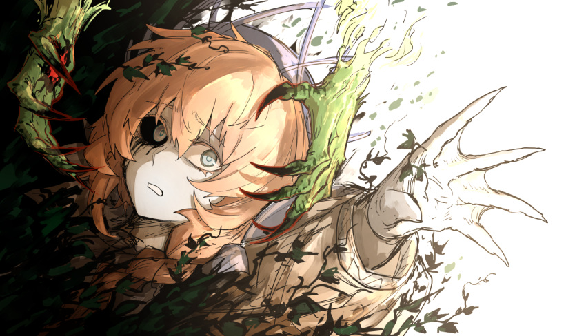 black_sclera black_tears blue_eyes blue_skin braid brown_hair claws colored_sclera colored_skin dissolving fate/grand_order fate_(series) female foliage kankan33333 light mismatched_sclera plant_monster reaching reaching_towards_viewer solo van_gogh_(fate)