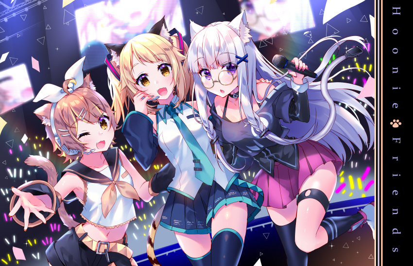 3girls absurdres animal_ears annin_miru armpits bare_shoulders blonde_hair brown_hair cat_ears cat_tail chinese_commentary commentary_request cosplay crop_top crossover detached_sleeves dutch_angle fangs glasses hatsune_miku hatsune_miku_(cosplay) headset highres holding holding_microphone hoonie_(hoonie_friends) hoonie_friends ia_(vocaloid) ia_(vocaloid)_(cosplay) kagamine_rin kagamine_rin_(cosplay) long_hair looking_at_viewer microphone midriff mixed-language_commentary multiple_crossover multiple_girls navel neckerchief off_shoulder one_eye_closed open_mouth orith partial_commentary photoshop_(medium) pleated_skirt purple_eyes purple_hair short_hair single_thighhigh skirt swept_bangs tail thigh_strap thighhighs tiger_ears tiger_tail twintails usagihime virtual_youtuber vocaloid yahoo! yellow_eyes zettai_ryouiki