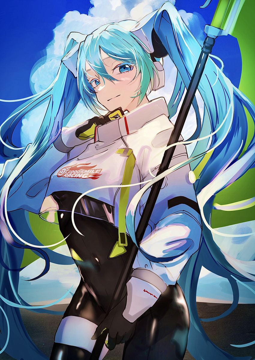 absurdres aqua_eyes aqua_hair black_bodysuit black_gloves blue_sky bodysuit breasts closed_mouth cloud commentary covered_navel cowboy_shot cropped_jacket female flag flagpole flame_print gloves goodsmile_racing green_flag green_gloves hand_up hatsune_miku highres holding holding_flag holding_pole jacket latex latex_bodysuit long_sleeves looking_at_viewer medium_breasts ogura_aoi pole race_queen racing_miku racing_miku_(2022) sky smile smiley_face solo text_print twintails two-tone_gloves vocaloid white_jacket