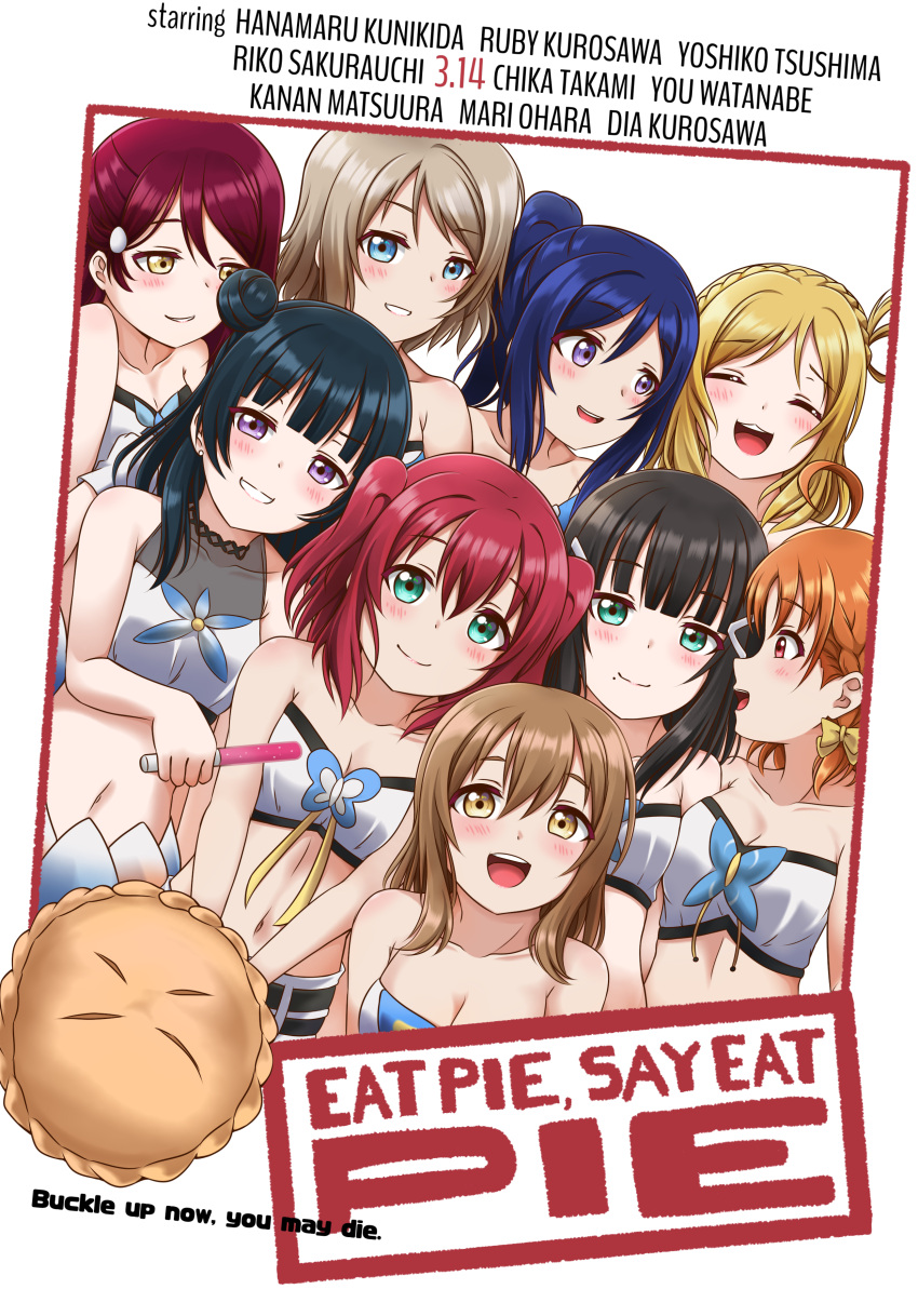 6+girls absurdres american_pie black_hair blonde_hair blue_eyes blue_hair blush breasts brown_hair cleavage closed_eyes closed_mouth collarbone facing_viewer green_eyes hair_bun highres jan_azure kunikida_hanamaru kurosawa_dia kurosawa_ruby large_breasts long_hair looking_at_another looking_at_viewer love_live! love_live!_sunshine!! matsuura_kanan mole mole_under_mouth movie_poster multiple_girls ohara_mari open_mouth parody parted_lips ponytail purple_eyes red_hair sakurauchi_riko short_twintails sidelocks single_hair_bun smile takami_chika tsushima_yoshiko twintails watanabe_you yellow_eyes