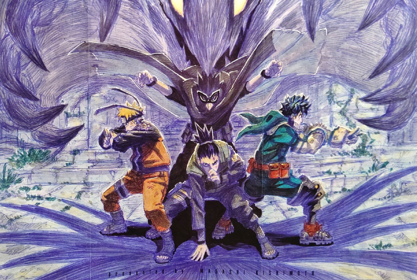 4boys black_hair blonde_hair bodysuit boku_no_hero_academia commentary crossover english_commentary fighting_stance gloves green_bodysuit green_hair highres kishimoto_masashi looking_at_viewer male_focus midoriya_izuku multiple_boys nara_shikamaru naruto_(series) naruto_shippuuden red_footwear short_hair spiked_hair tokoyami_fumikage traditional_media umbrakinesis uzumaki_naruto white_gloves