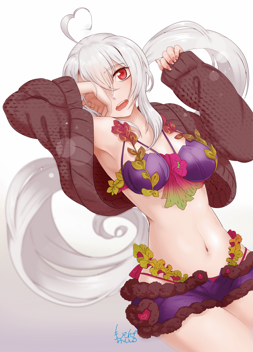 absurdres ahoge albino alternate_costume bad_id bad_pixiv_id bikini bikini_under_clothes blurry cardigan commentary_request cowboy_shot cropped_jacket depth_of_field eyebrows female flower gradient_background grey_background hair_between_eyes hand_over_eye heart heart_ahoge highleg highleg_bikini highres jewelry leaf lens_flare long_hair long_sleeves looking_at_viewer low_ponytail mossan nail_polish navel necklace one_eye_covered open_mouth ponytail purple_bikini purple_shorts red_eyes seaweed short_shorts shorts signature solo sparkle stomach swimsuit very_long_hair vocaloid white_hair yowane_haku