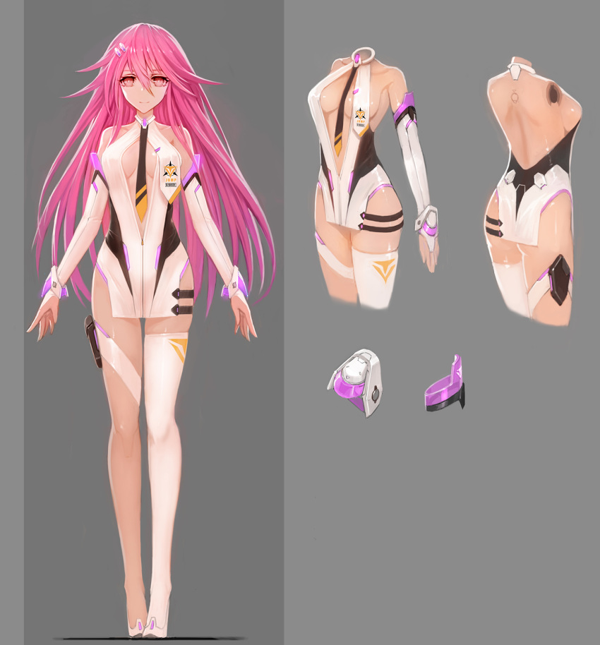 300_heroes android bad_id bad_pixiv_id bare_shoulders breasts center_opening character_profile cleavage closed_mouth collarbone commentary_request female grey_background hair_ornament hairclip highres isha_(300_heroes) long_hair medium_breasts multiple_views navel necktie photoshop_(medium) pink_hair red_eyes single_thighhigh smile tattoo thigh_strap thighhighs zhuore_zhi_hen