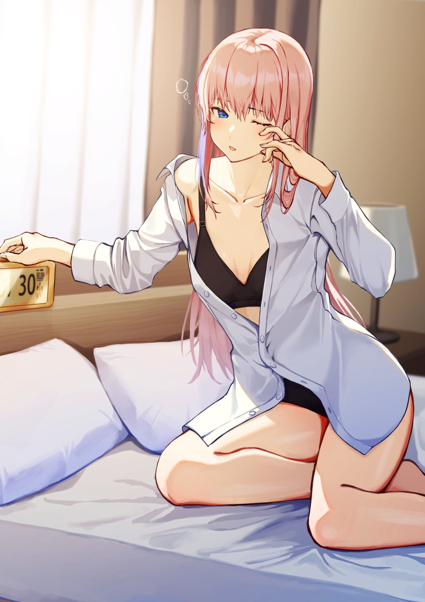 3_small_spiders black_bra black_panties blue_eyes bra clock collared_shirt commentary_request digital_clock female girls'_frontline highres indoors long_hair on_bed one_eye_closed open_mouth panties partially_unbuttoned pink_hair shirt sitting sleepy solo st_ar-15_(girls'_frontline) underwear white_shirt yokozuwari