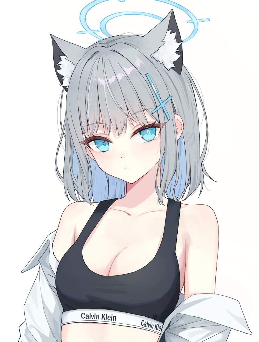 absurdres animal_ear_fluff animal_ears black_sports_bra blue_archive blue_eyes blue_halo breasts bright_pupils calvin_klein cleavage closed_mouth collarbone commentary female grey_hair halo highres looking_at_viewer medium_breasts mismatched_pupils shiroko_(blue_archive) shirt short_hair solo sports_bra suumon upper_body white_pupils white_shirt wolf_ears wolf_girl