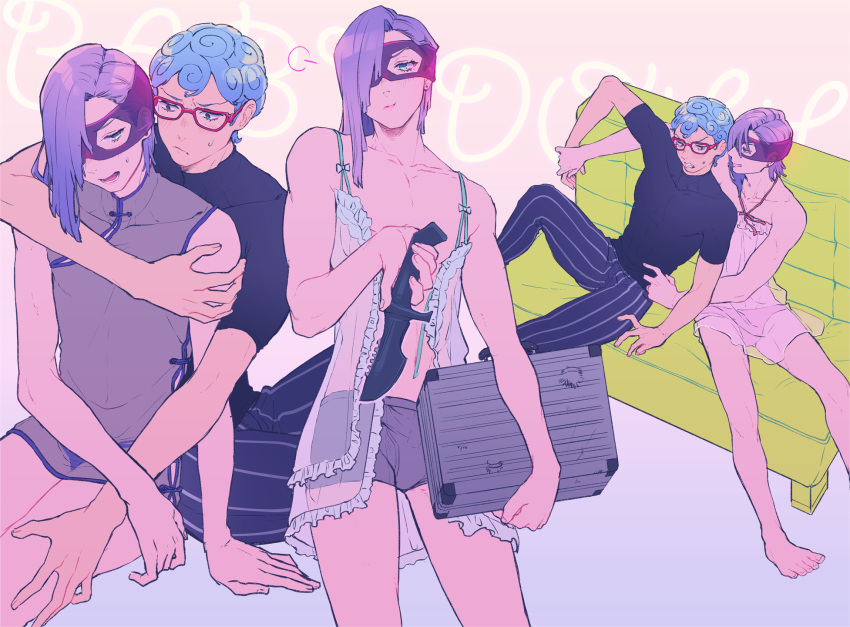 2boys androgynous babydoll barefoot blue_eyes blue_hair boxer_briefs china_dress chinese_clothes couch domino_mask dress eringichips ghiaccio glasses hair_over_one_eye highres jojo_no_kimyou_na_bouken knife lingerie lips long_hair male_focus male_underwear mask melone multiple_boys pants pinstripe_pants pinstripe_pattern purple_hair red-framed_eyewear sheath sheathed sitting sweatdrop underwear vento_aureo yaoi