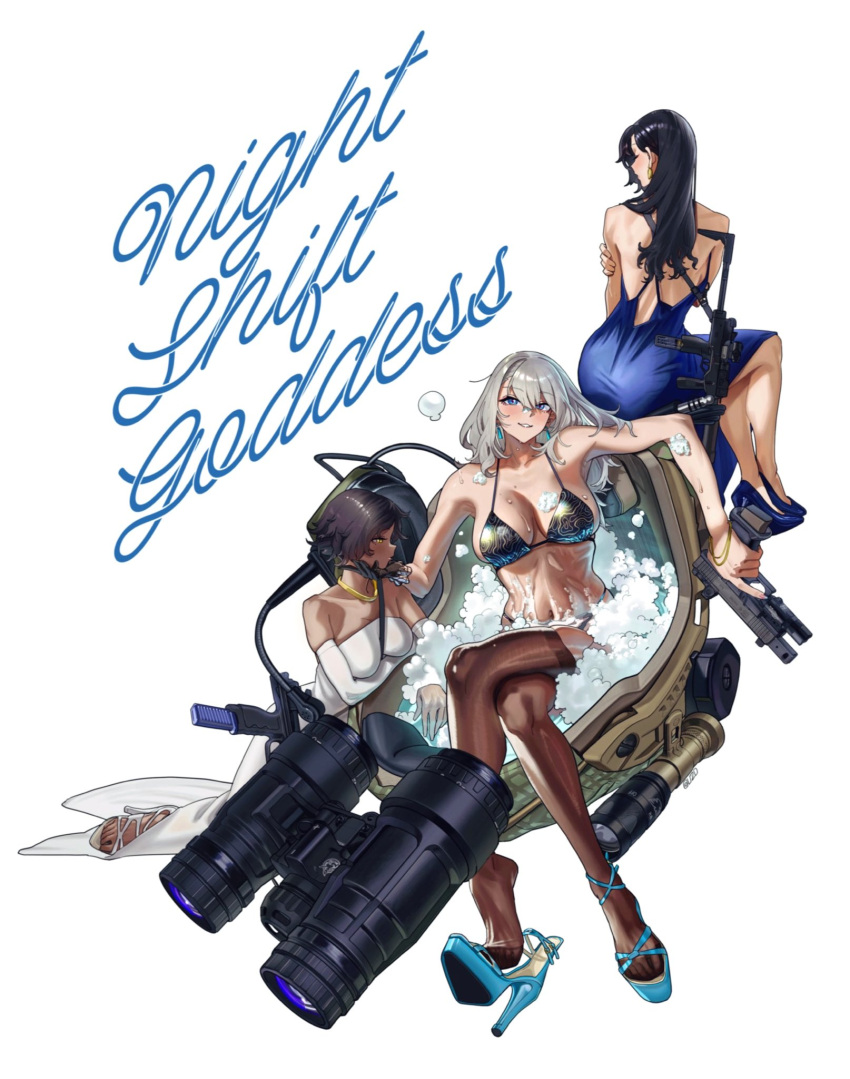 3girls b&t_mp9 bathing bikini black_gloves black_hair black_thighhighs blue_dress blue_eyes blue_footwear blush bracelet breasts combat_helmet commentary commentary_request dark-skinned_female dark_skin dress elbow_gloves english_text flashlight glock gloves grey_hair gun hand_on_another's_chin hand_on_own_arm handgun helmet high_heels highres holding holding_gun holding_weapon jewelry long_hair looking_at_viewer multiple_girls navel night_vision_device original parted_lips second-party_source shoes short_hair simple_background single_glove smile submachine_gun swimsuit thighhighs toes trigger_discipline utsuda weapon white_background white_dress white_footwear white_gloves yellow_eyes