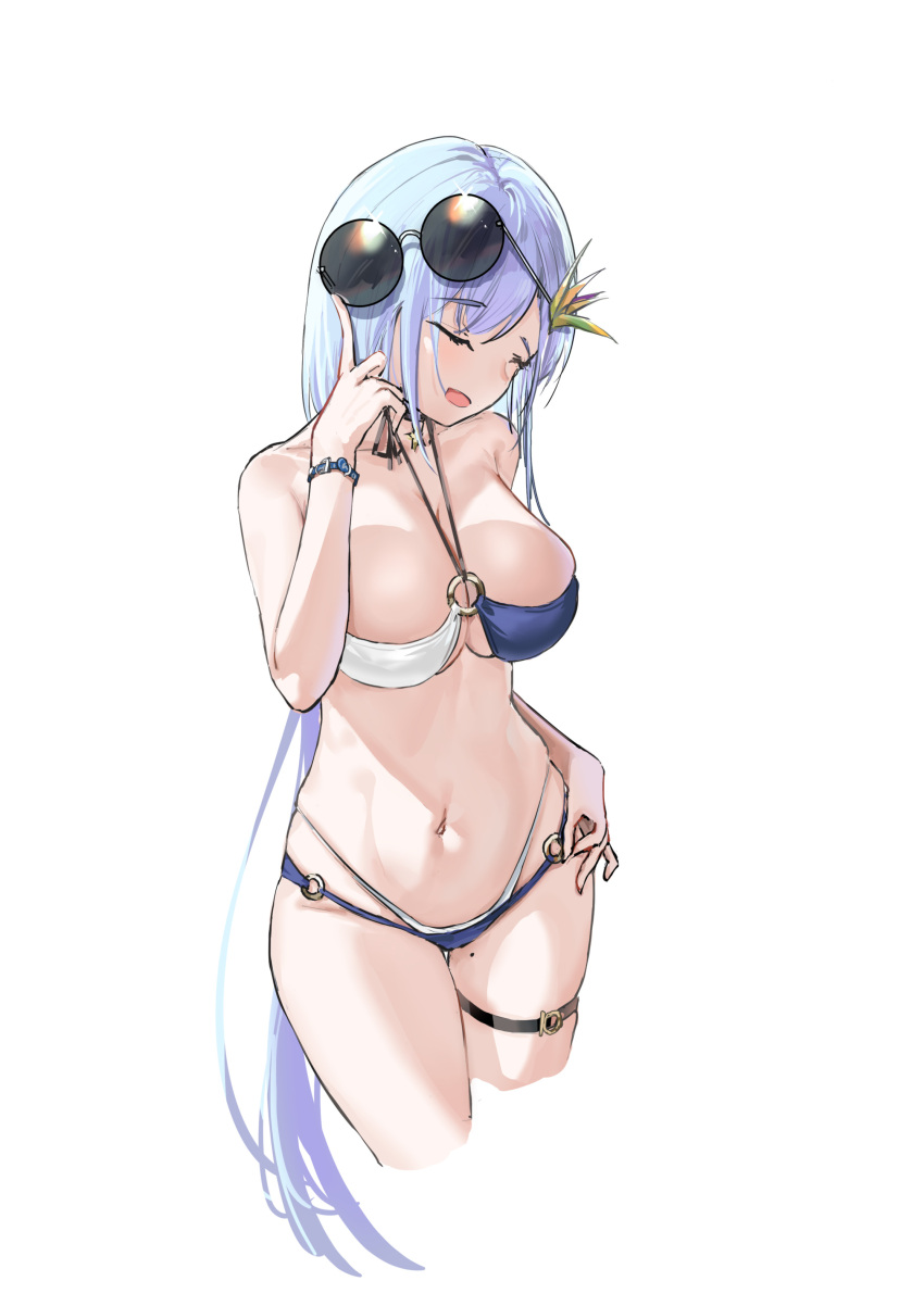 absurdres azur_lane bare_shoulders bikini blue_bikini blue_hair bracelet breasts cleavage closed_eyes cropped_legs eyewear_on_head female groin highres jewelry large_breasts long_hair loushao mole mole_on_thigh navel o-ring o-ring_bikini official_alternate_costume simple_background solo stomach swimsuit thigh_strap ticonderoga_(azur_lane) ticonderoga_(sunshine_princess)_(azur_lane) two-tone_bikini very_long_hair white_background white_bikini