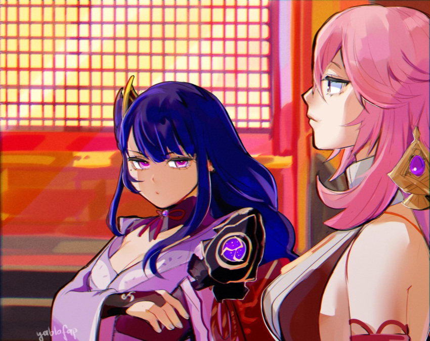 2girls :/ alohapz artist_name breasts bridal_gauntlets cleavage closed_mouth crossed_arms earrings female genshin_impact girl_staring_at_guy's_chest_(meme) hair_ornament highres japanese_clothes jewelry long_hair looking_at_another medium_bangs meme multiple_girls parted_bangs pink_eyes pink_hair purple_hair raiden_shogun scene_reference sideboob upper_body yae_miko