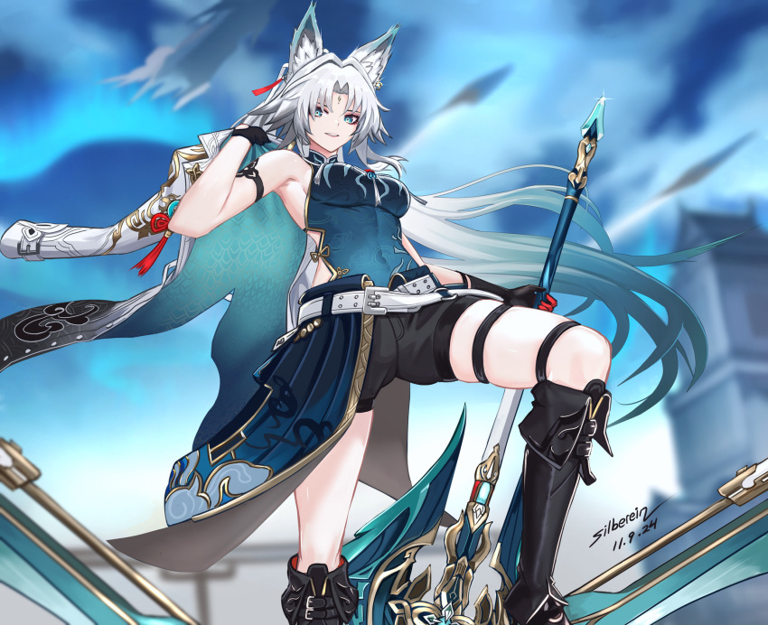 animal_ear_fluff animal_ears breasts chinese_clothes coat feixiao_(honkai:_star_rail) female forehead_jewel fox_ears fox_girl gloves green_eyes high_ponytail highres holding holding_coat holding_unworn_clothes holding_weapon honkai:_star_rail honkai_(series) jewelry long_hair looking_at_viewer medium_breasts parted_bangs ponytail shirt silberein smile solo very_long_hair weapon white_hair