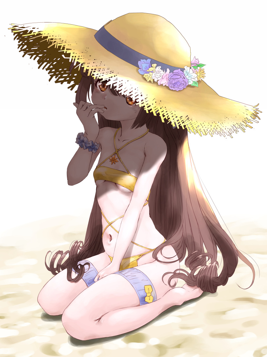 bare_legs bare_shoulders barefoot beach breasts brown_hair collarbone female finger_to_mouth flower full_body hat hat_flower highres jewelry long_hair magia_record:_mahou_shoujo_madoka_magica_gaiden mahou_shoujo_madoka_magica marutaya navel sand satomi_touka sitting solo straw_hat sun_hat swimsuit thigh_strap very_long_hair wariza white_background