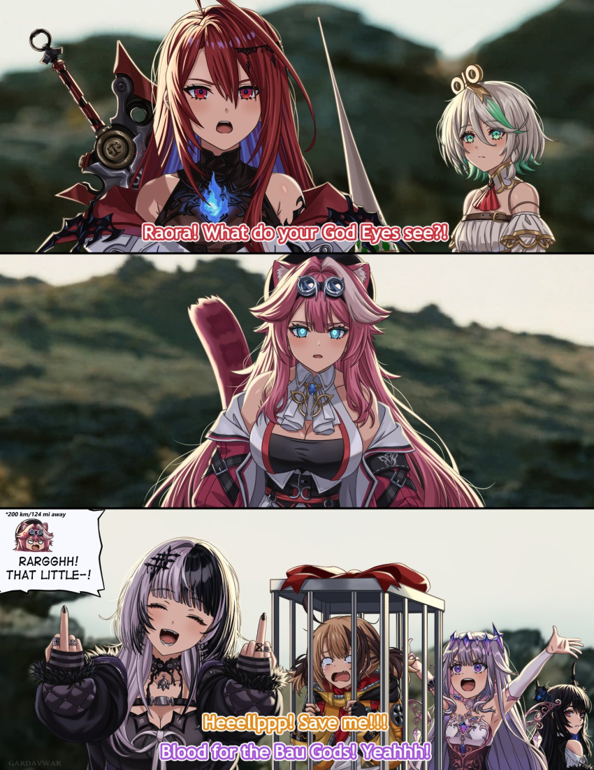 6+girls ahoge blue_fire breasts cecilia_immergreen colored_inner_hair doll_joints elizabeth_rose_bloodflame fire gardavwar gigi_murin green_eyes green_hair grey_hair highres hololive hololive_english huge_ahoge jewel_under_eye joints koseki_bijou long_hair multicolored_hair multiple_girls nerissa_ravencroft open_mouth pink_hair purple_eyes purple_hair raora_panthera red_eyes red_hair shiori_novella short_hair smile streaked_hair very_long_hair virtual_youtuber winding_key