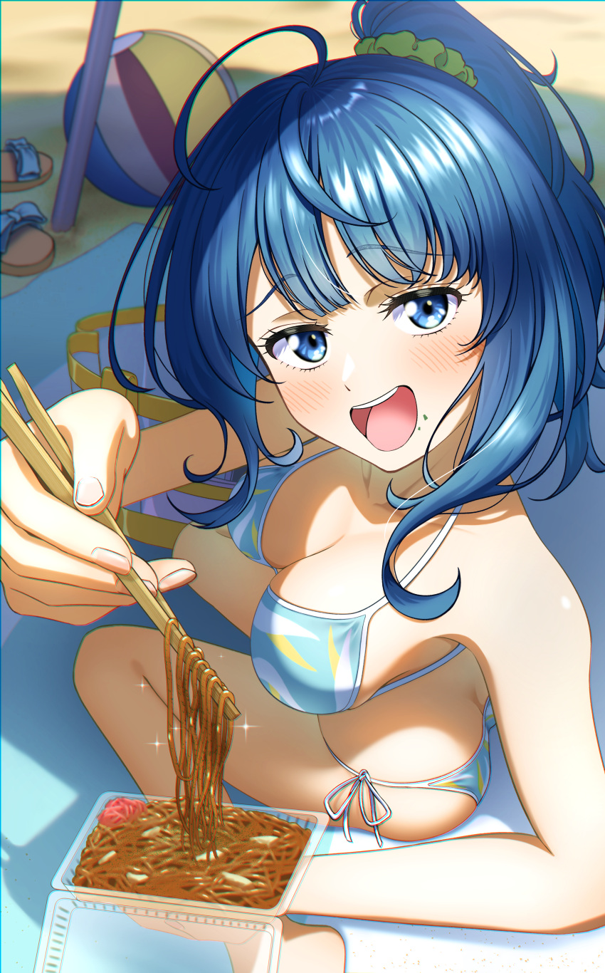 absurdres ahoge aonoirasuto ball beachball bikini blue_bikini blue_eyes blue_hair breasts cleavage commentary_request female highres looking_at_viewer make_heroine_ga_oo_sugiru! medium_breasts open_mouth ponytail round_teeth shade side-tie_bikini_bottom sitting smile solo swimsuit teeth upper_teeth_only wariza yakisoba yanami_anna