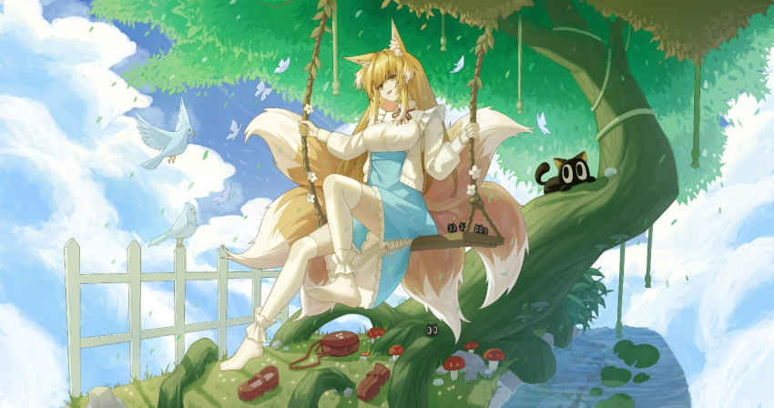 animal_ears arknights bird blonde_hair blue_skirt blue_sky brown_bag bug butterfly cardigan cloud female fox_ears fox_girl fox_tail frills full_body hairband high-waist_skirt long_hair long_sleeves luo_xiaohei luo_xiaohei_(cat) luo_xiaohei_zhanji multiple_tails neck_ribbon no_shoes official_alternate_costume open_cardigan open_clothes parted_lips red_ribbon ribbon shirt sitting skirt sky suzuran_(arknights) suzuran_(spring_praise)_(arknights) tail thighhighs tul_(pixiv_id_65874842) white_cardigan white_shirt white_thighhighs wide_shot