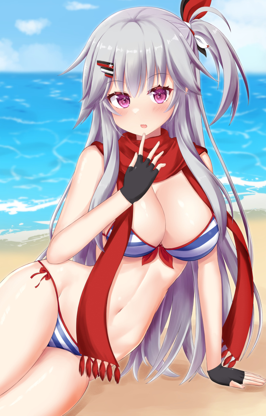 arm_support beach bikini black_gloves blush breasts cleavage commentary_request cowboy_shot day eyelashes eyes_visible_through_hair female fingerless_gloves fringe_trim gloves grey_hair hair_between_eyes hair_ornament hair_ribbon hairclip hanasaki_work_spring hand_up highres large_breasts long_hair long_scarf looking_at_viewer multicolored_ribbon navel ocean one_side_up open_mouth pink_eyes red_scarf ribbon scarf shiny_skin shiranui_inori side-tie_bikini_bottom sidelocks sitting solo stomach striped_bikini striped_clothes swimsuit tsurime very_long_hair yokozuwari yuunagi_(yunagi1373)