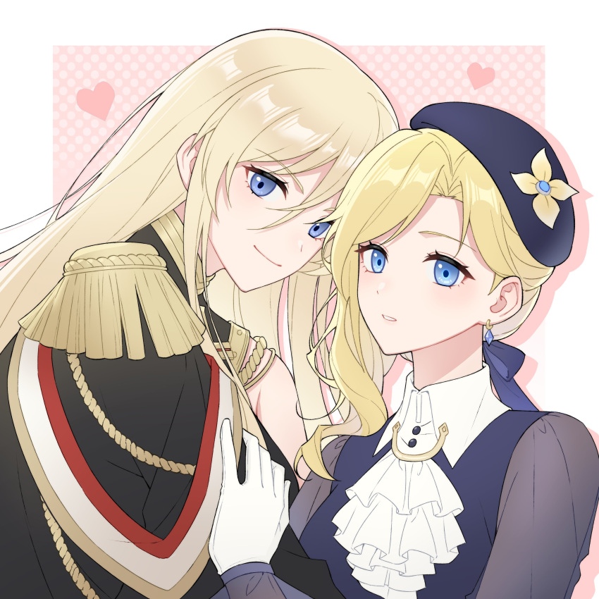 2girls absurdres aiguillette ascot azur_lane bismarck_(azur_lane) bismarck_(beacon_of_the_iron_blood)_(azur_lane) black_dress blonde_hair blue_eyes blue_gemstone chinese_commentary dress earrings epaulettes evening_gown flower frilled_ascot frills gem gloves hair_between_eyes hat hat_flower heart highres hood_(azur_lane) hood_(gentlewoman_and_stallion)_(azur_lane) jewelry long_hair long_sleeves looking_at_viewer mixed-language_commentary multiple_girls official_alternate_costume riding_outfit single_epaulette tilted_headwear upper_body white_gloves xunyangjian yuri