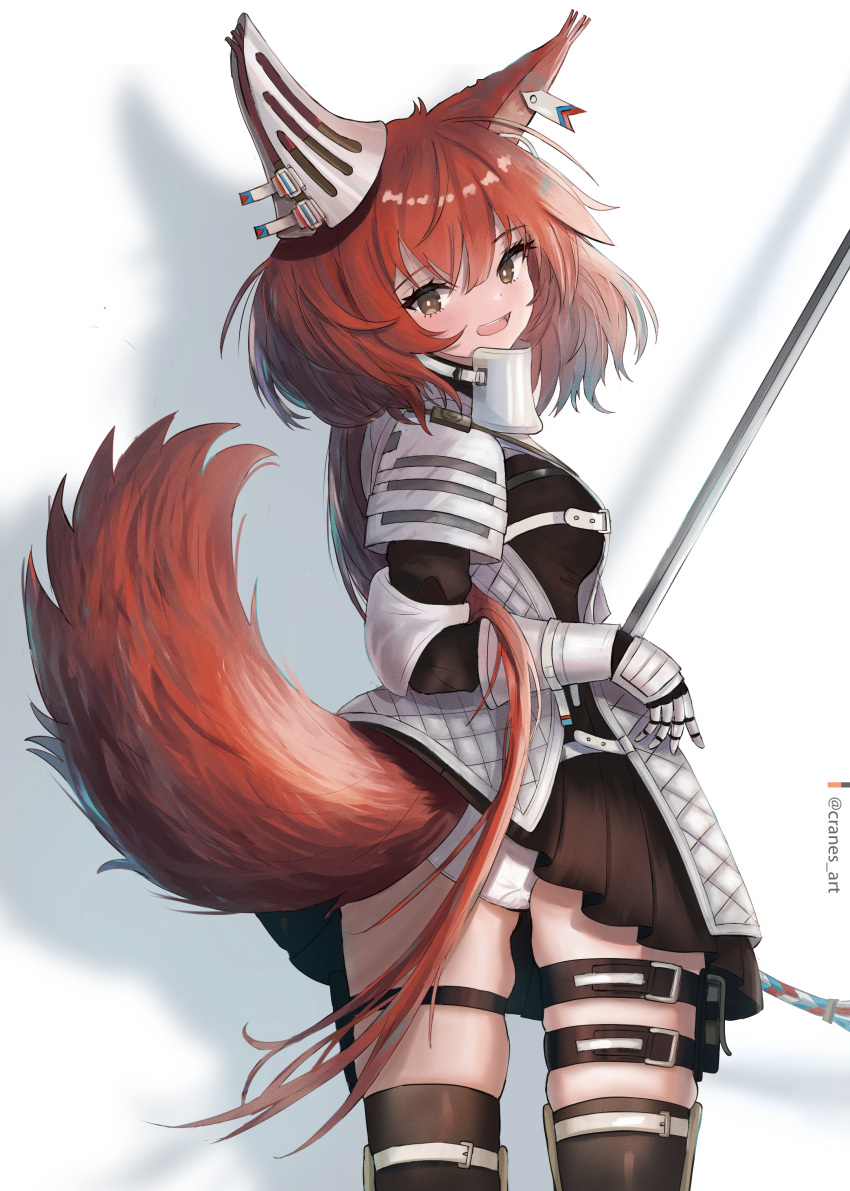 absurdres animal_ears arknights arm_armor armor belt black_shirt black_skirt blush breasts brown_eyes clothes_lift cowboy_shot cranes_(hiroro1) ear_armor female flametail_(arknights) from_behind gauntlets hair_between_eyes highres holding holding_sword holding_weapon long_hair looking_at_viewer looking_back medium_breasts open_mouth panties pleated_skirt red_hair shirt shoulder_armor simple_background skirt skirt_lift solo squirrel_ears squirrel_girl squirrel_tail sword tail teeth thigh_belt thigh_strap thighs twitter_username underwear upper_teeth_only weapon white_background white_panties