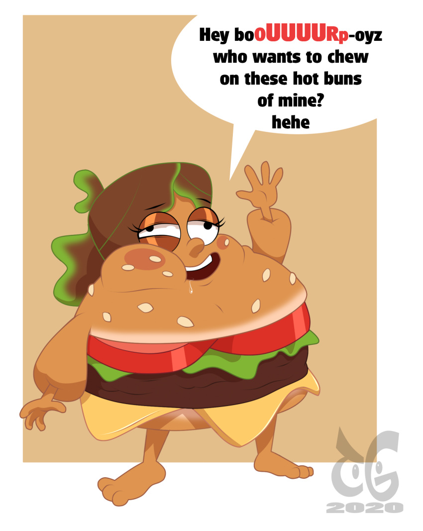 2020 3_toes 4_fingers after_transformation barefoot big_cheeks black_text bodily_fluids brown_hair burger burping cheese cheese_singles cross-eyed dairy_products dialogue digital_drawing_(artwork) digital_media_(artwork) disney drooling english_description english_text feet female fingers food food_creature gesture gravity_falls hair hi_res krabby_patty lettuce mabel_pines open_mouth outline plant saliva sesame_seed_bun sesame_seeds simple_background solo species_transformation speech_bubble tan_background text toes toongrowner transformation vegetable watermark waving white_outline