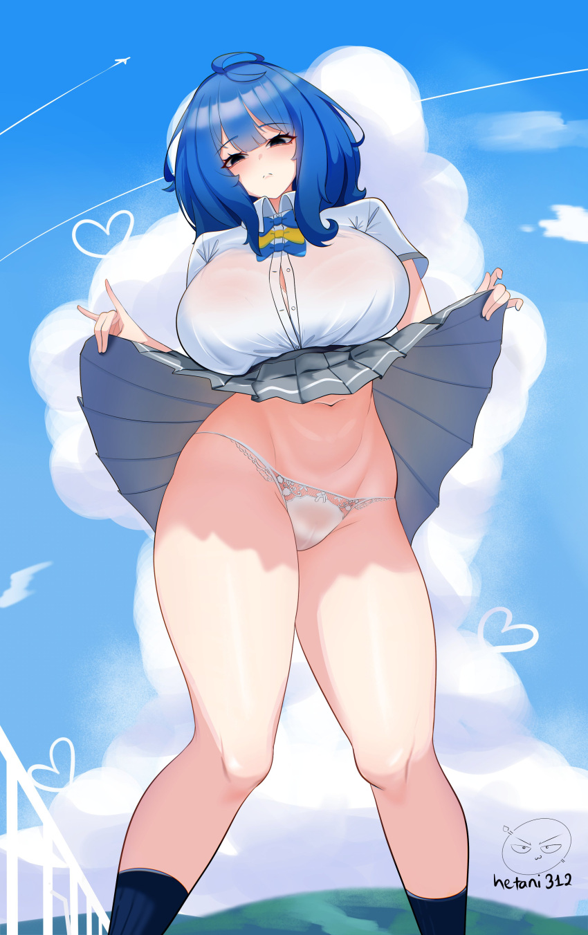 absurdres belly blue_hair breasts clothes_lift cloud female hetani312 highres large_breasts looking_at_viewer make_heroine_ga_oo_sugiru! navel panties school_uniform skirt skirt_lift thick_thighs thighs underwear white_panties yanami_anna