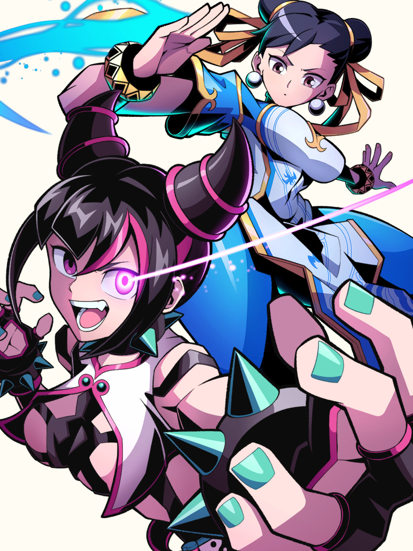 2girls black_hair blue_dress bracelet breasts brown_hair chun-li double_bun dress earrings green_nails hair_bun hair_horns highres jewelry juri_han looking_at_another multiple_girls official_alternate_costume open_mouth pechamaju purple_eyes simple_background spiked_bracelet spikes street_fighter street_fighter_6 striped_hair white_background