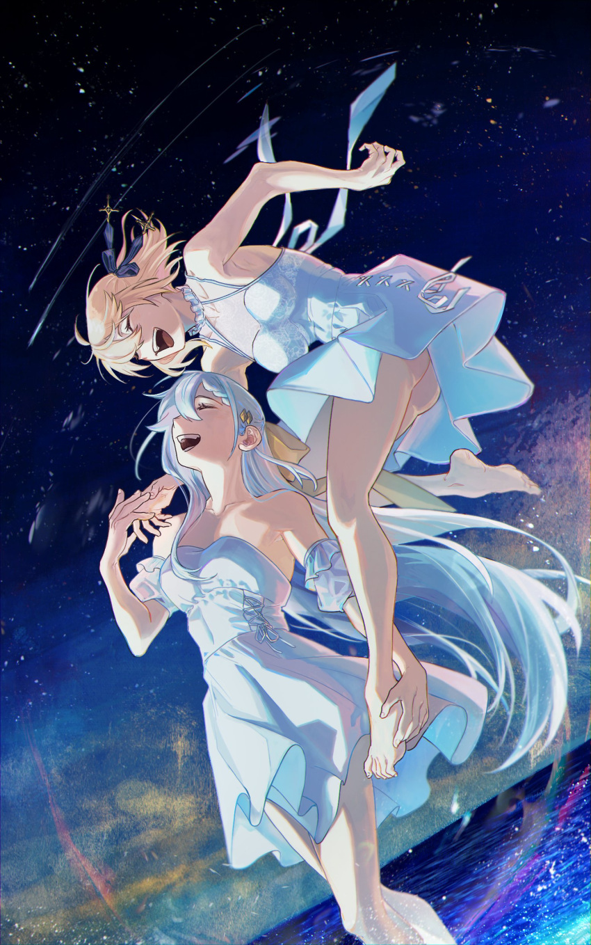 2girls absurdres anisphia_wynn_palettia bare_arms barefoot black_ribbon blonde_hair blue_hair breasts closed_eyes commentary dress dutch_angle euphyllia_magenta floating french_commentary hair_ribbon hand_on_another's_foot highres holding_hands horizon koyomania long_hair medium_breasts medium_hair midair multiple_girls night night_sky open_mouth outdoors ribbon shooting_star sky sleeveless sleeveless_dress smile star_(sky) strapless strapless_dress tensei_oujo_to_tensai_reijou_no_mahou_kakumei toes white_dress yellow_ribbon