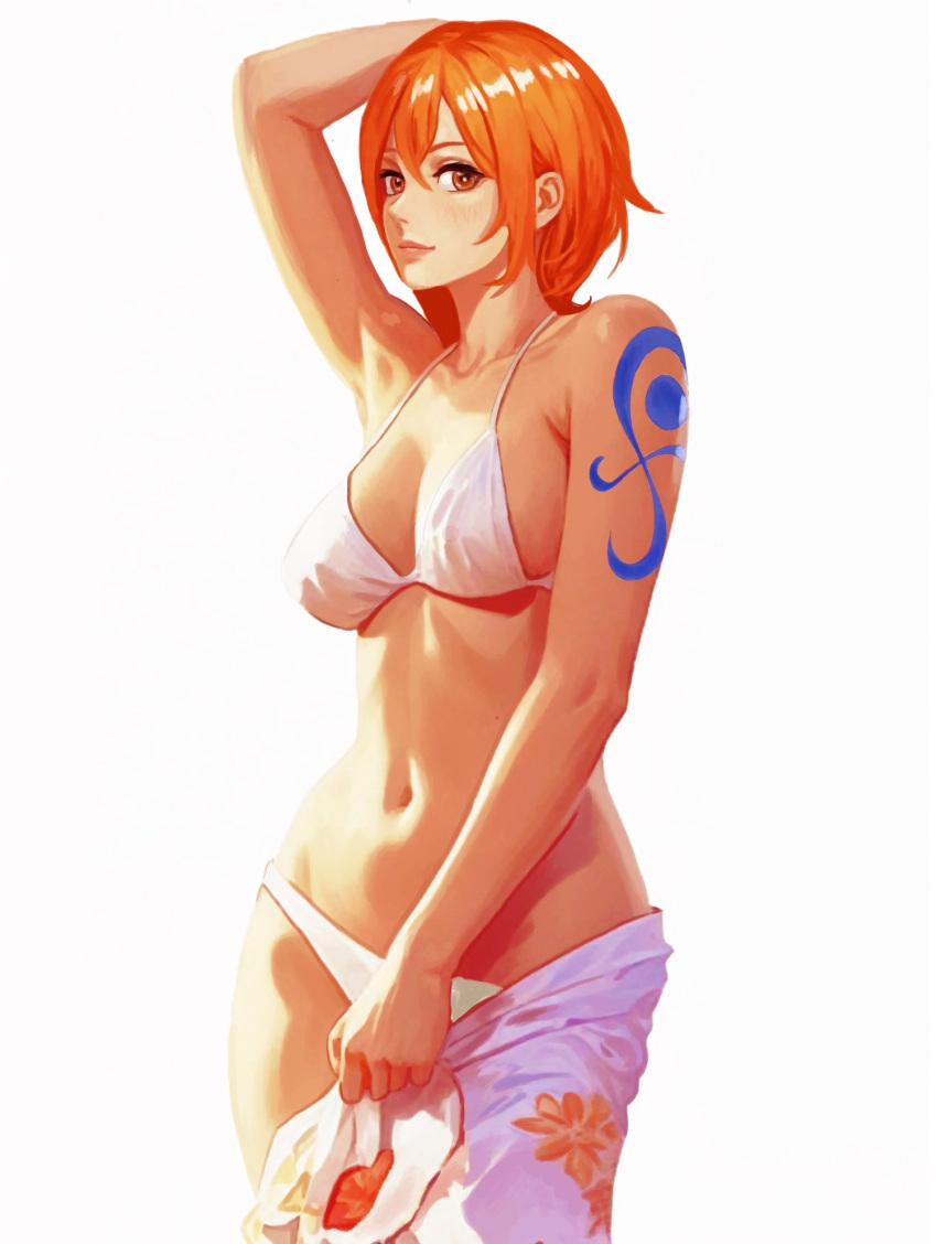 alternate_costume arm_behind_head arm_up armpit_crease armpits bare_arms bare_shoulders bikini breasts brown_eyes cleavage closed_mouth collarbone commentary cowboy_shot female floral_print hair_between_eyes halterneck heyy_vivii highres light_blush lips looking_at_viewer medium_breasts nami_(one_piece) navel one_piece orange_hair pink_lips print_sarong sarong short_hair shoulder_tattoo solo stomach swimsuit tattoo white_background white_bikini white_sarong