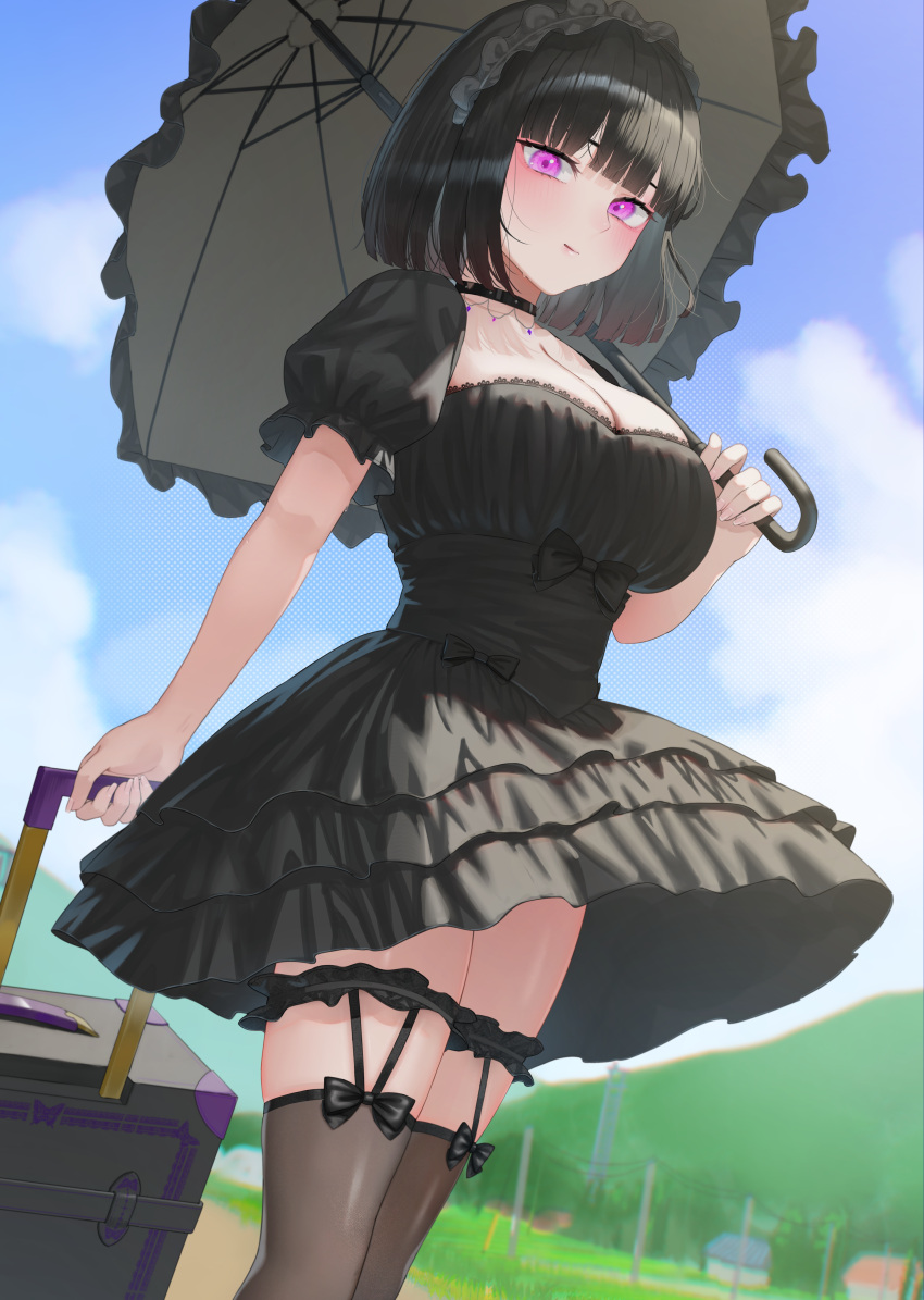 absurdres black_bow black_choker black_dress black_hair black_thighhighs blue_sky blunt_bangs blush bow breasts choker cleavage cloud collarbone day dress female frilled_sleeves frills highres holding holding_umbrella large_breasts layered_dress lolita_fashion looking_at_viewer original outdoors parasol parted_lips pink_eyes puffy_short_sleeves puffy_sleeves rolling_suitcase rushian short_hair short_sleeves sky smile solo suitcase thigh_strap thighhighs umbrella underbust