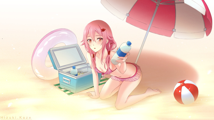 :o all_fours ball bare_shoulders beach beach_umbrella beachball bikini blush bottle breasts can cleavage collarbone english_commentary female frilled_bikini frills guilty_crown hair_ornament hair_tubes hairclip highres hizuki.kaze innertube long_hair looking_at_viewer navel open_mouth pink_bikini pink_hair pink_innertube red_eyes small_breasts solo swim_ring swimsuit transparent_innertube twintails umbrella water_bottle yuzuriha_inori