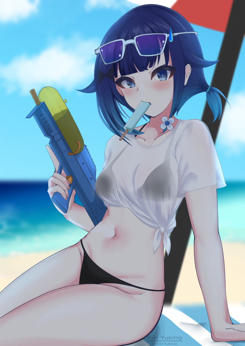 absurdres arm_support asymmetrical_hair beach beach_umbrella bikini black_bikini blue_eyes blue_hair blue_sky blurry blurry_background cloud dark_blue_hair day eyewear_on_head female food food_in_mouth gradient_background hair_flaps highres holding holding_water_gun horizon ice_cream kiri_yukino looking_at_viewer low_ponytail navel ocean outdoors popsicle popsicle_in_mouth shirt short_hair sitting sky solo stomach string_bikini sunglasses super_soaker swimsuit tied_shirt trigger_discipline tsumugi_kokage umbrella virtual_youtuber vspo! water water_drop_hair_ornament water_gun