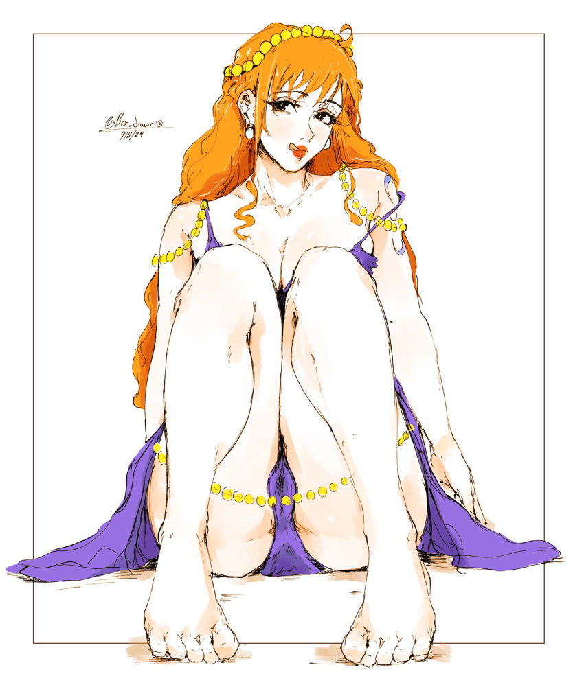 arm_tattoo ass bon_drawr earrings feet highres jewelry long_hair nami_(one_piece) one_piece orange_hair pearl_earrings shoulder_tattoo tagme tattoo tongue tongue_out twitter_username white_background